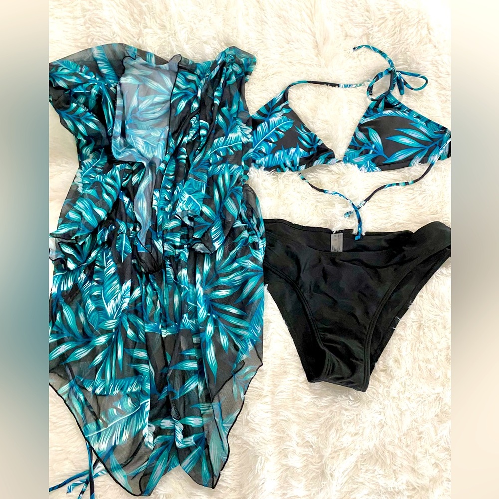XL palm leaf triangle bikini swimsuit with romper cover up